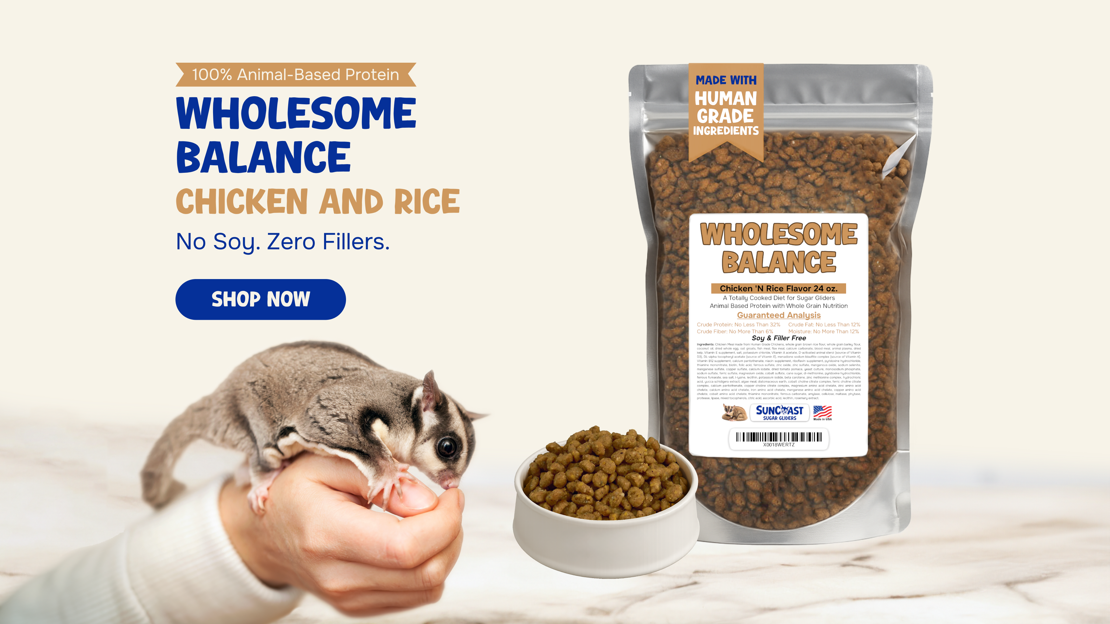 Wholesome Balance sugar glider food with chicken and rice formula next to sugar glider eating on hand