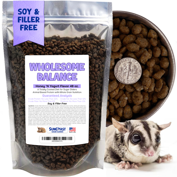 Wholesome Balance pet food package with a bowl of food and a sugar glider.