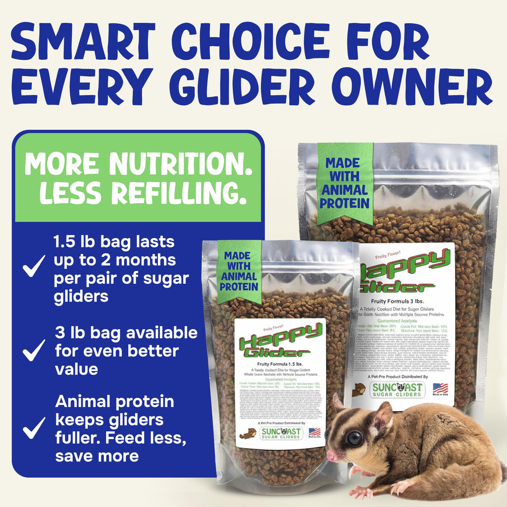 Happy Glider Fruity Flavor in 1.5 lb and 3 lb bags with a sugar glider; a 1.5 lb bag lasts about 2 months for a pair