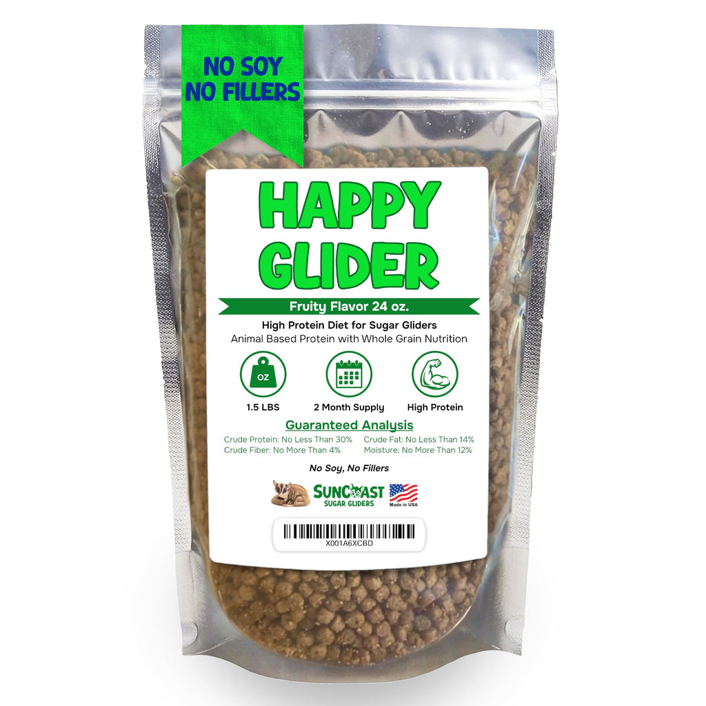 Front of a 1.5 lb (24 oz) bag of SunCoast Happy Glider Fruity Flavor sugar glider food, with the guaranteed analysis on the label
