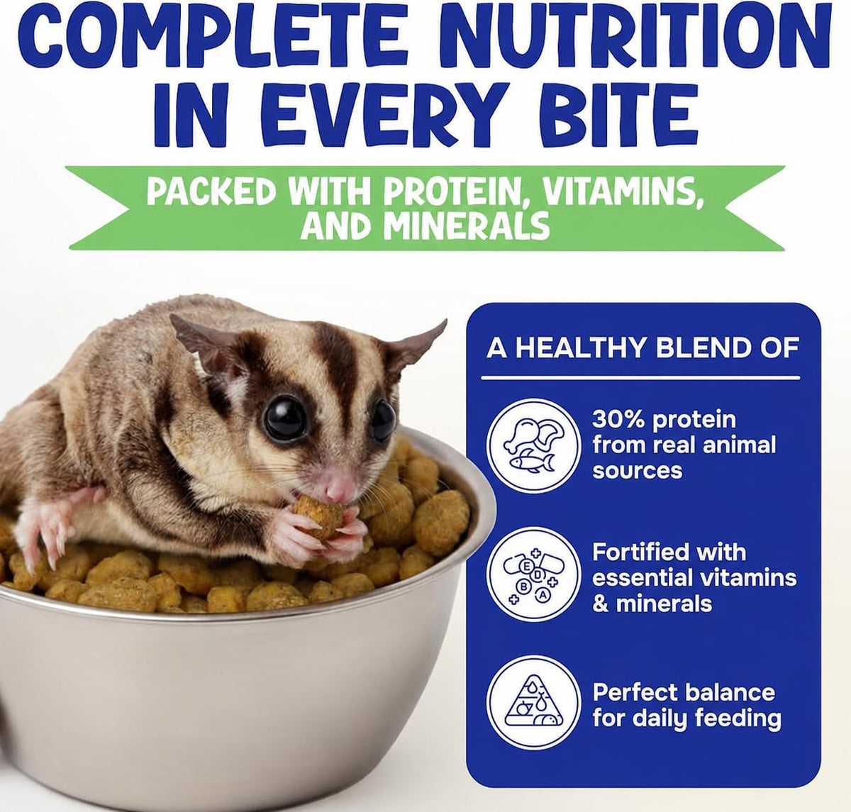 Sugar glider eating Happy Glider Fruity pellets from a steel bowl, with callouts for 30% animal protein and added vitamins and minerals