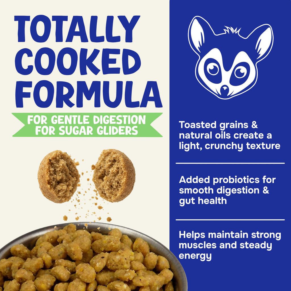 Close-up of a broken Happy Glider Fruity pellet over a bowl of kibble, explaining the fully cooked formula