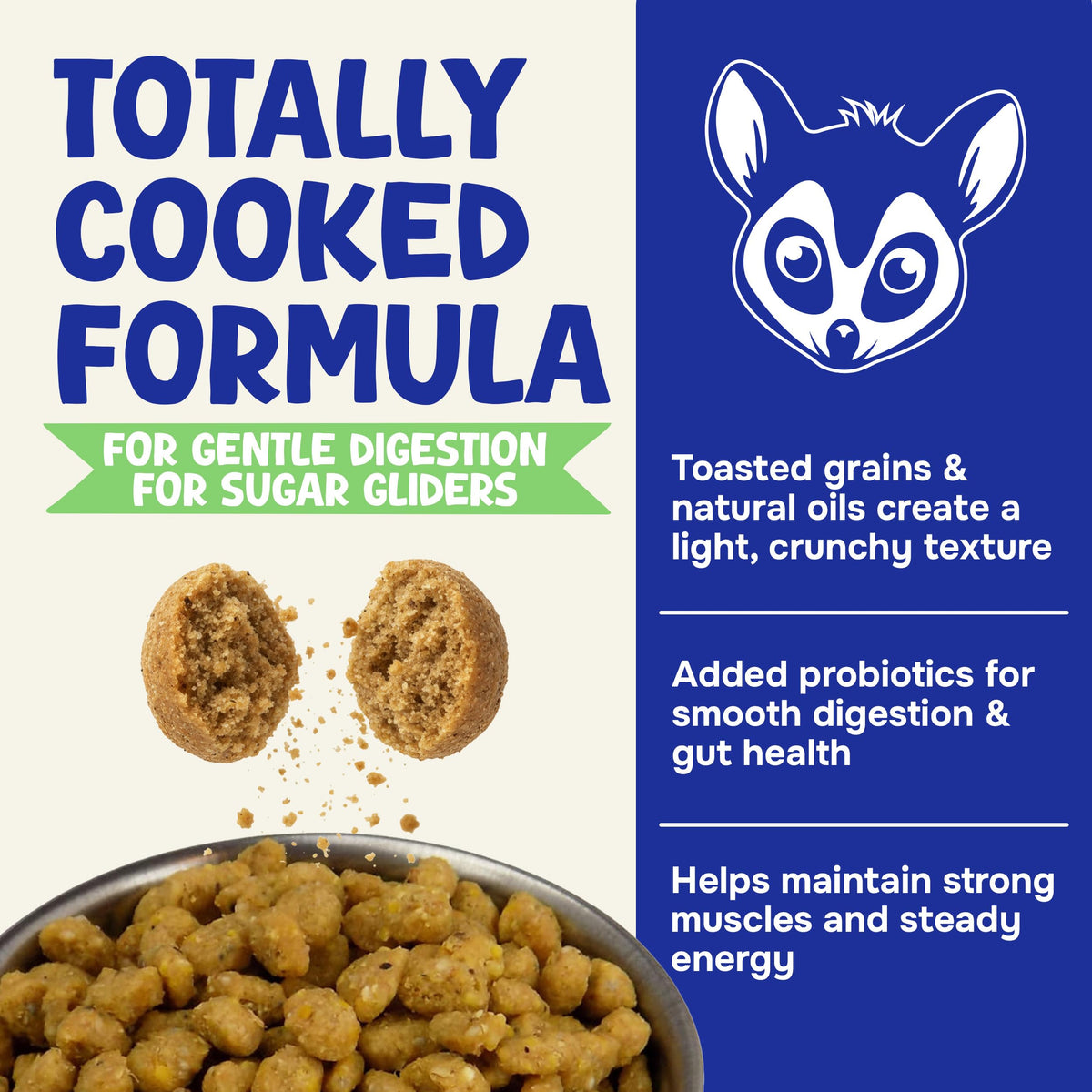 Close-up of a broken Happy Glider Fruity pellet over a bowl of kibble, explaining the fully cooked formula