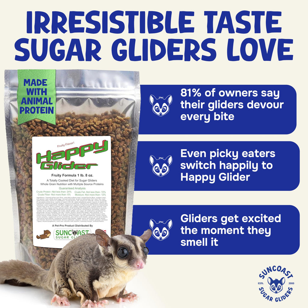 Sugar glider beside a bag of Happy Glider Fruity Flavor food, with owner feedback on how gliders enjoy the taste