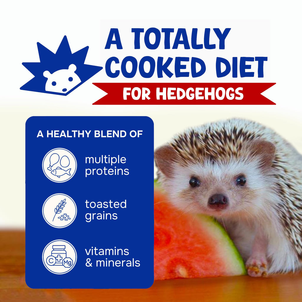 Hedgehog eating watermelon, with notes on Spike's Delite's fully cooked blend of multiple proteins, toasted grains, vitamins and minerals
