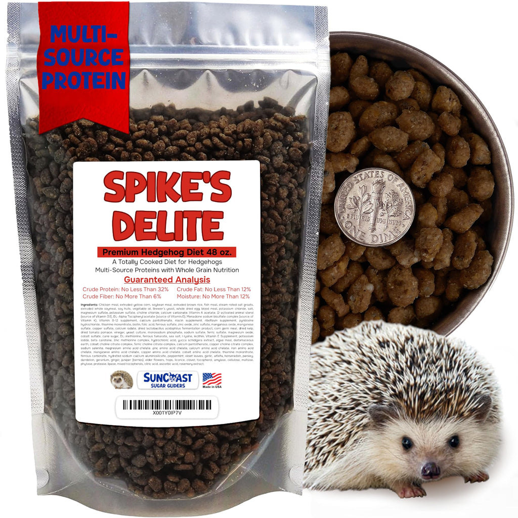 3 lb (48 oz) bag of Spike's Delite Premium Hedgehog Diet next to a bowl of kibble with a dime for size, and a pet hedgehog