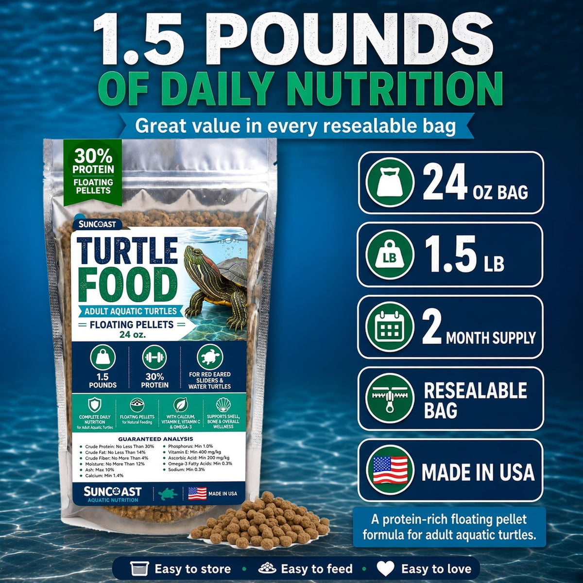 1.5 lb resealable bag of SunCoast Aquatic Turtle Food with size and supply details
