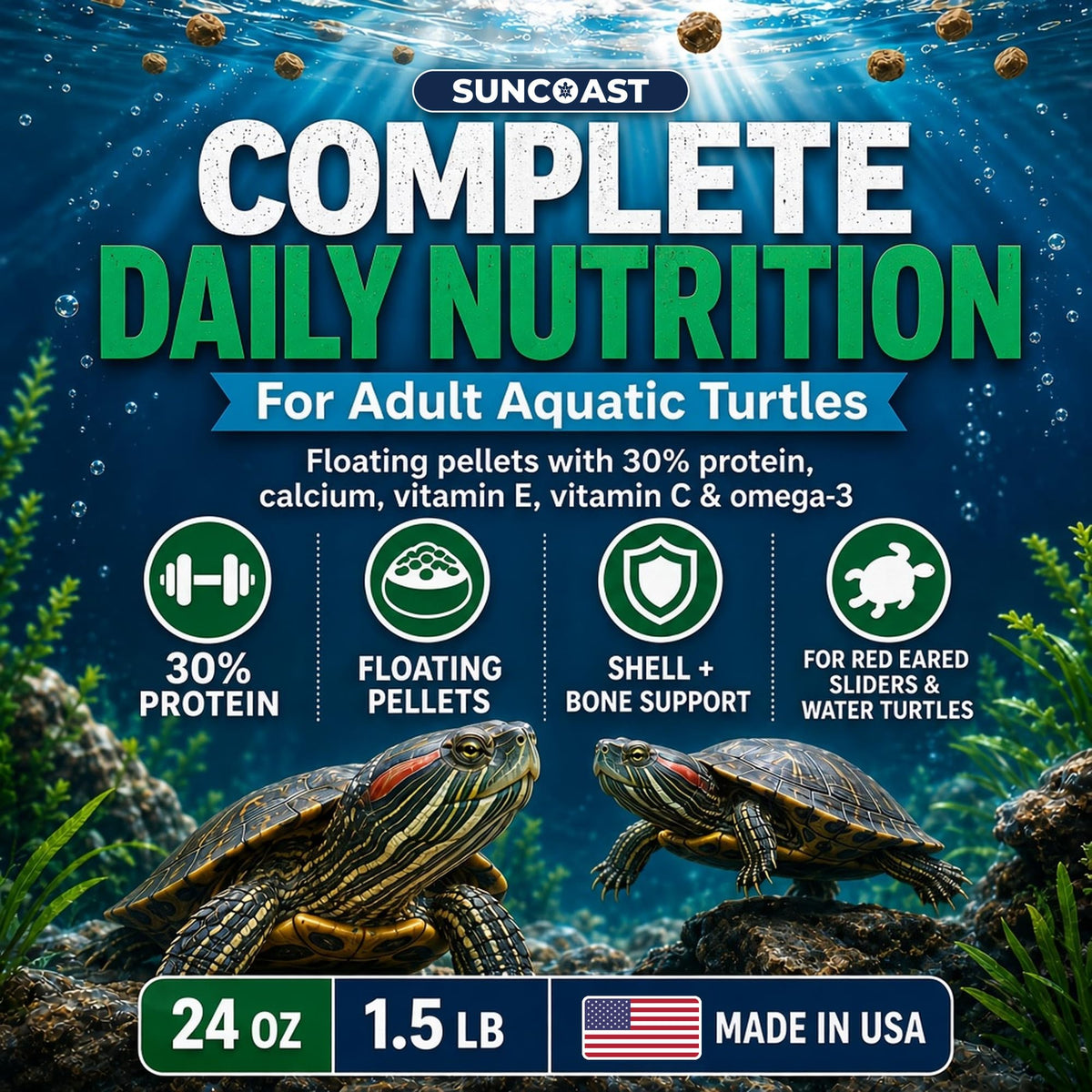 Two red-eared sliders underwater with SunCoast floating turtle pellet highlights: 30% protein, shell and bone support, 24 oz / 1.5 lb, Made in USA