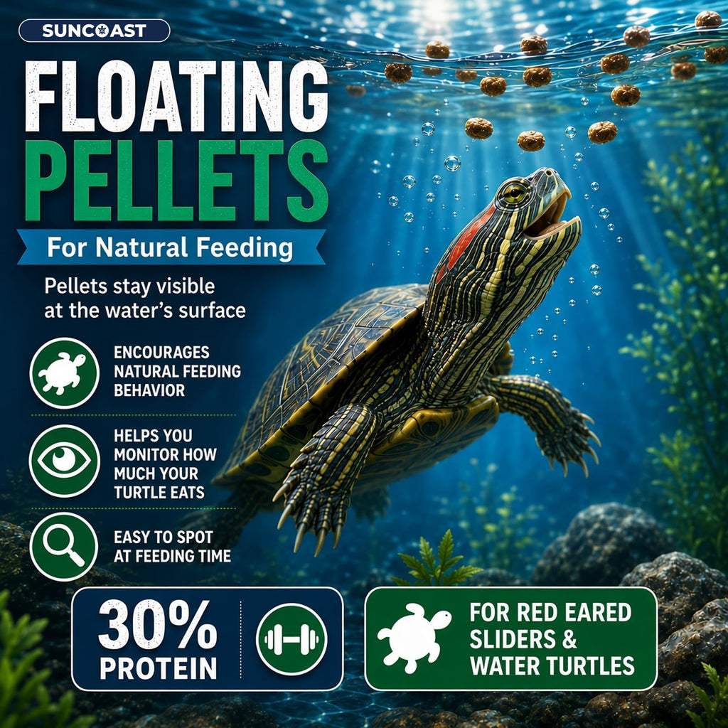 Red-eared slider swimming up to SunCoast floating pellets at the water's surface