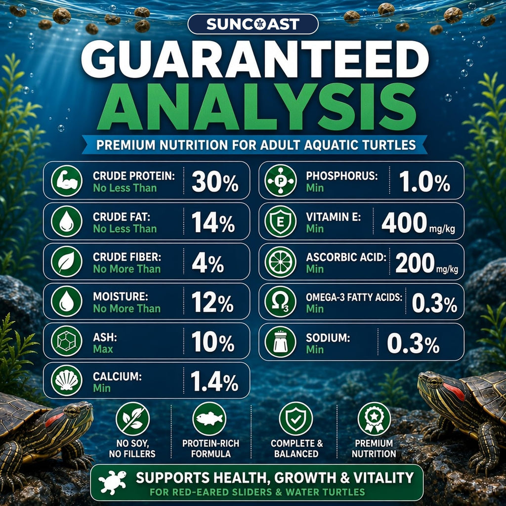 SunCoast Aquatic Turtle Food guaranteed analysis: 30% crude protein, 14% fat, 4% fiber, 12% moisture, plus calcium, vitamin E, vitamin C and omega-3