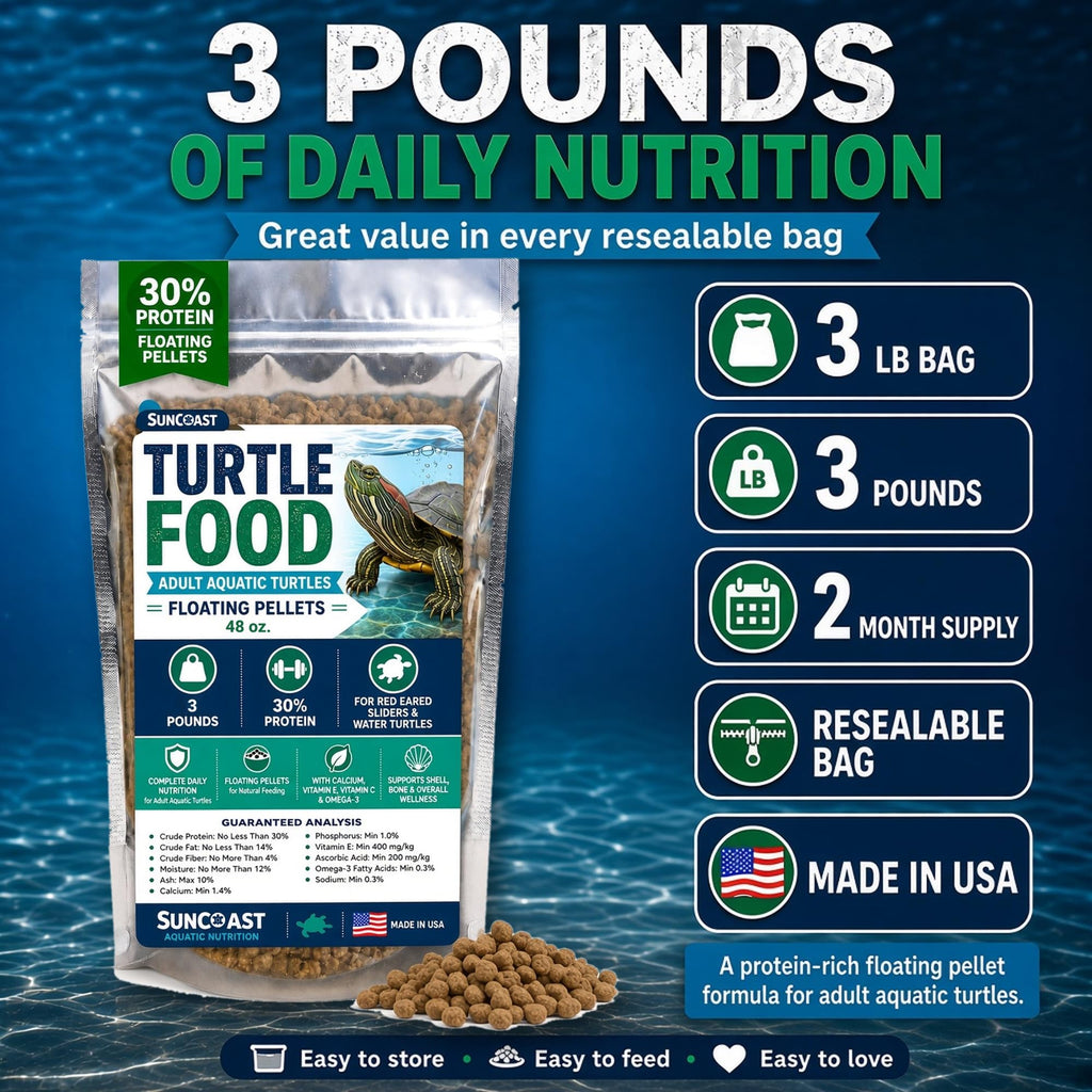 3 lb resealable bag of SunCoast Aquatic Turtle Food with size and supply details