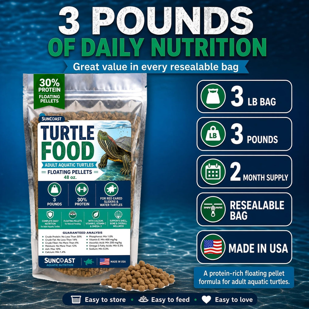3 lb resealable bag of SunCoast Aquatic Turtle Food with size and supply details
