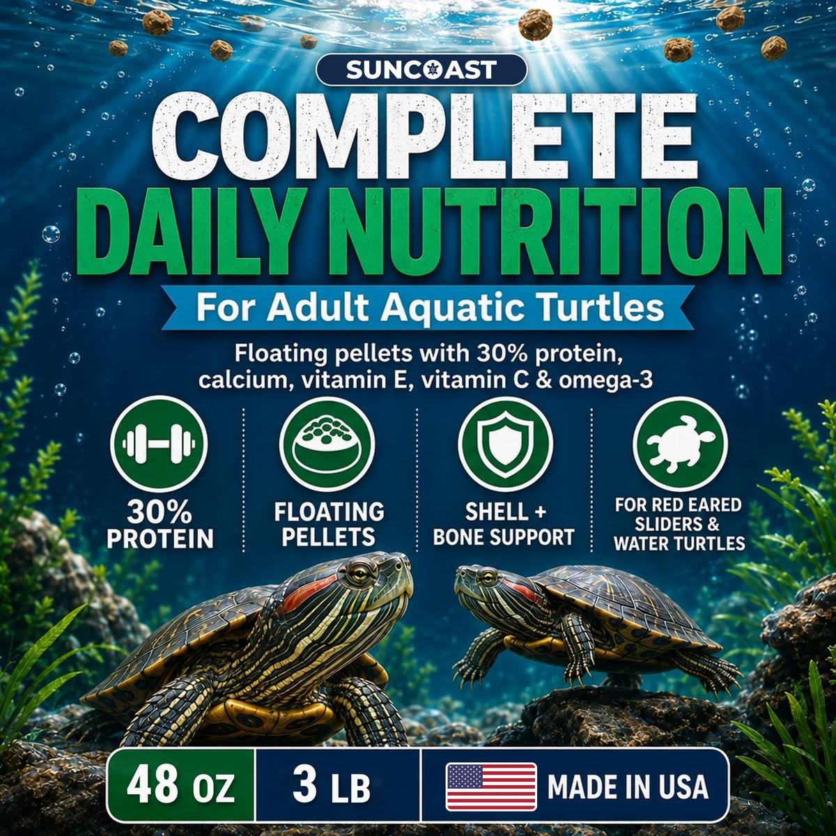 Two red-eared sliders underwater with SunCoast floating turtle pellet highlights: 30% protein, shell and bone support, 48 oz / 3 lb, Made in USA