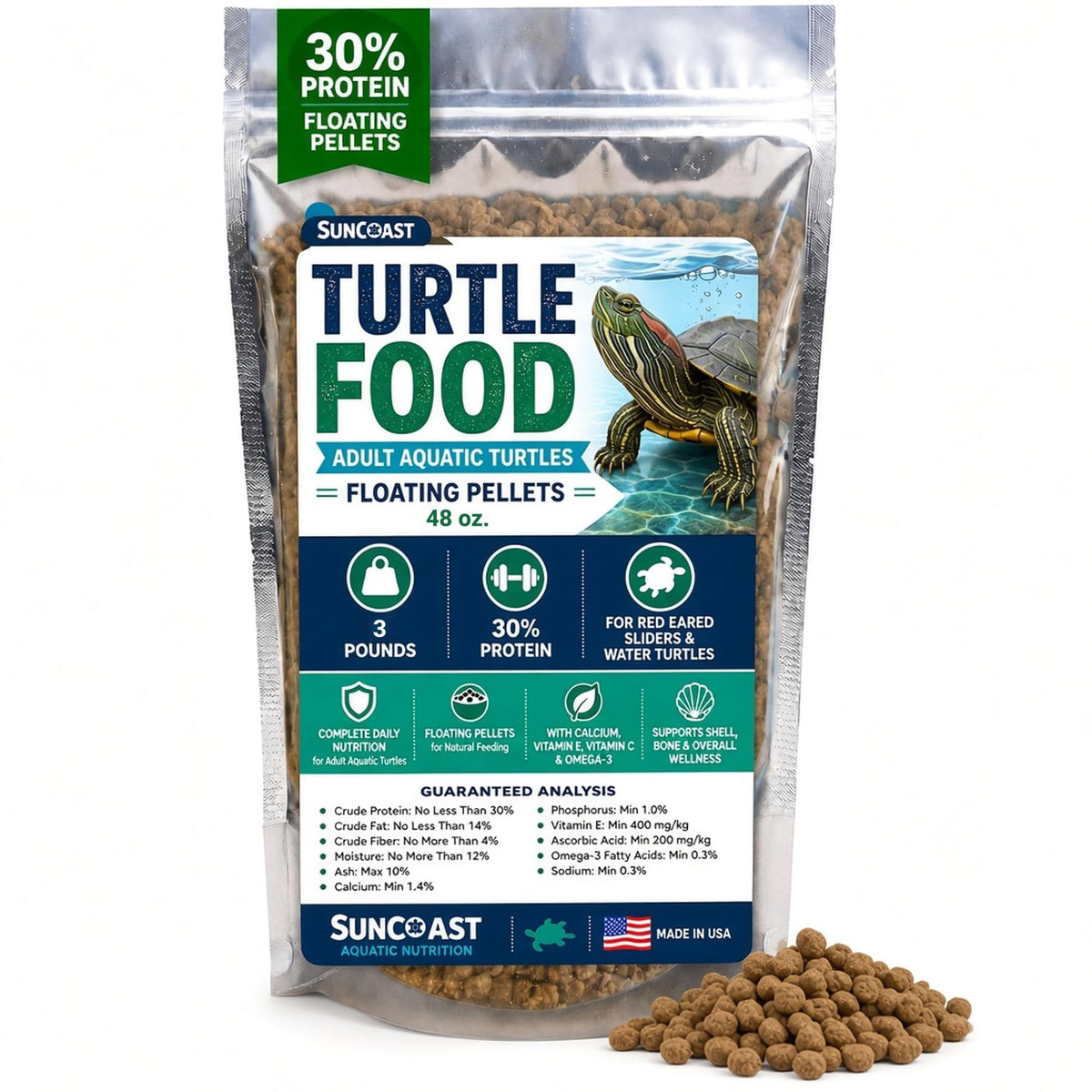 Front of a 3 lb (48 oz) bag of SunCoast Aquatic Turtle Food floating pellets for adult turtles, with the guaranteed analysis and loose pellets