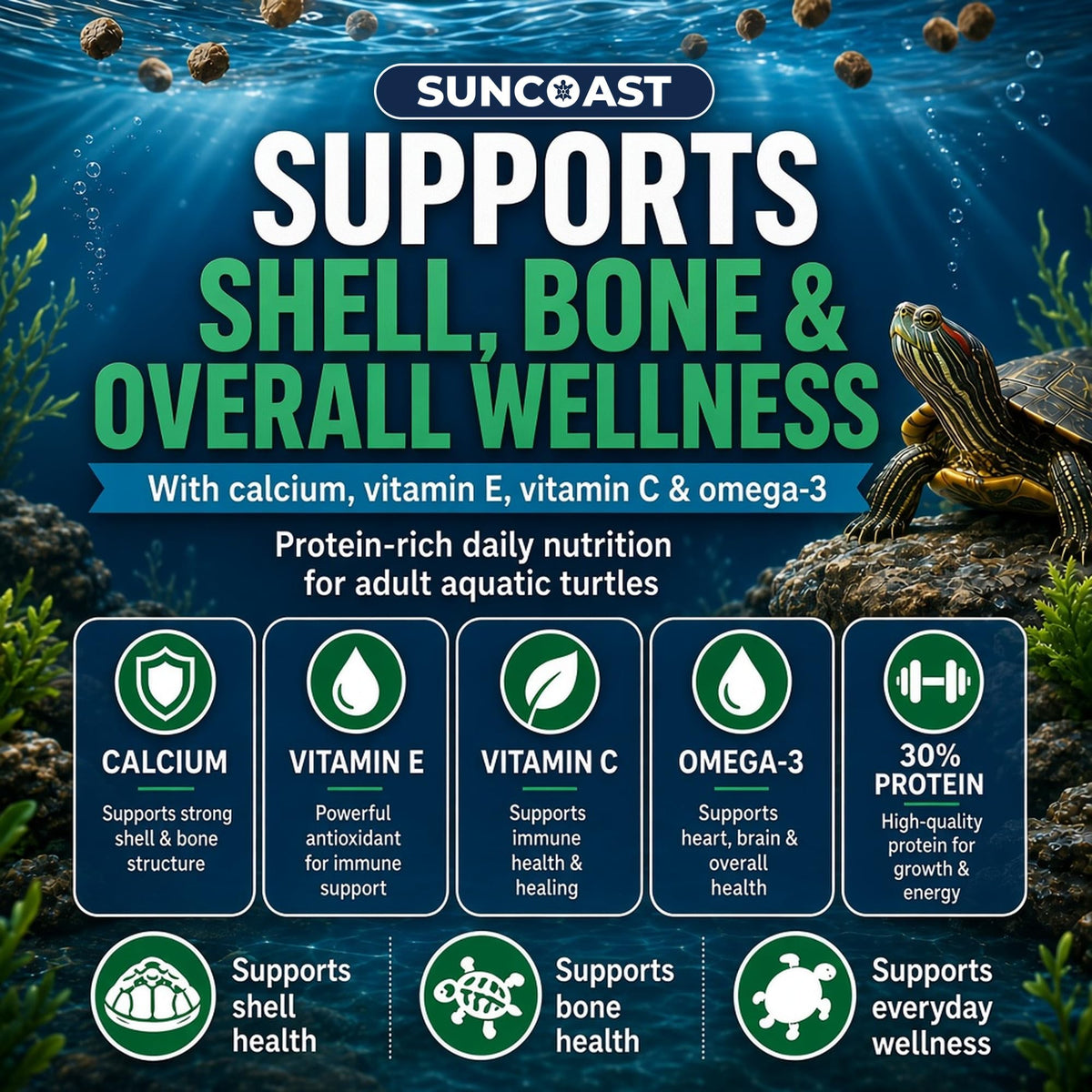 Red-eared slider underwater with SunCoast turtle food nutrients: calcium, vitamin E, vitamin C, omega-3 and 30% protein for shell and bone health