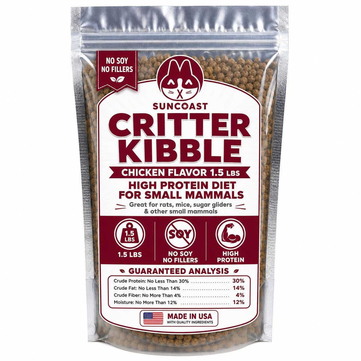 Front of a 1.5 lb bag of SunCoast Critter Kibble chicken flavor small animal food, with the guaranteed analysis on the label