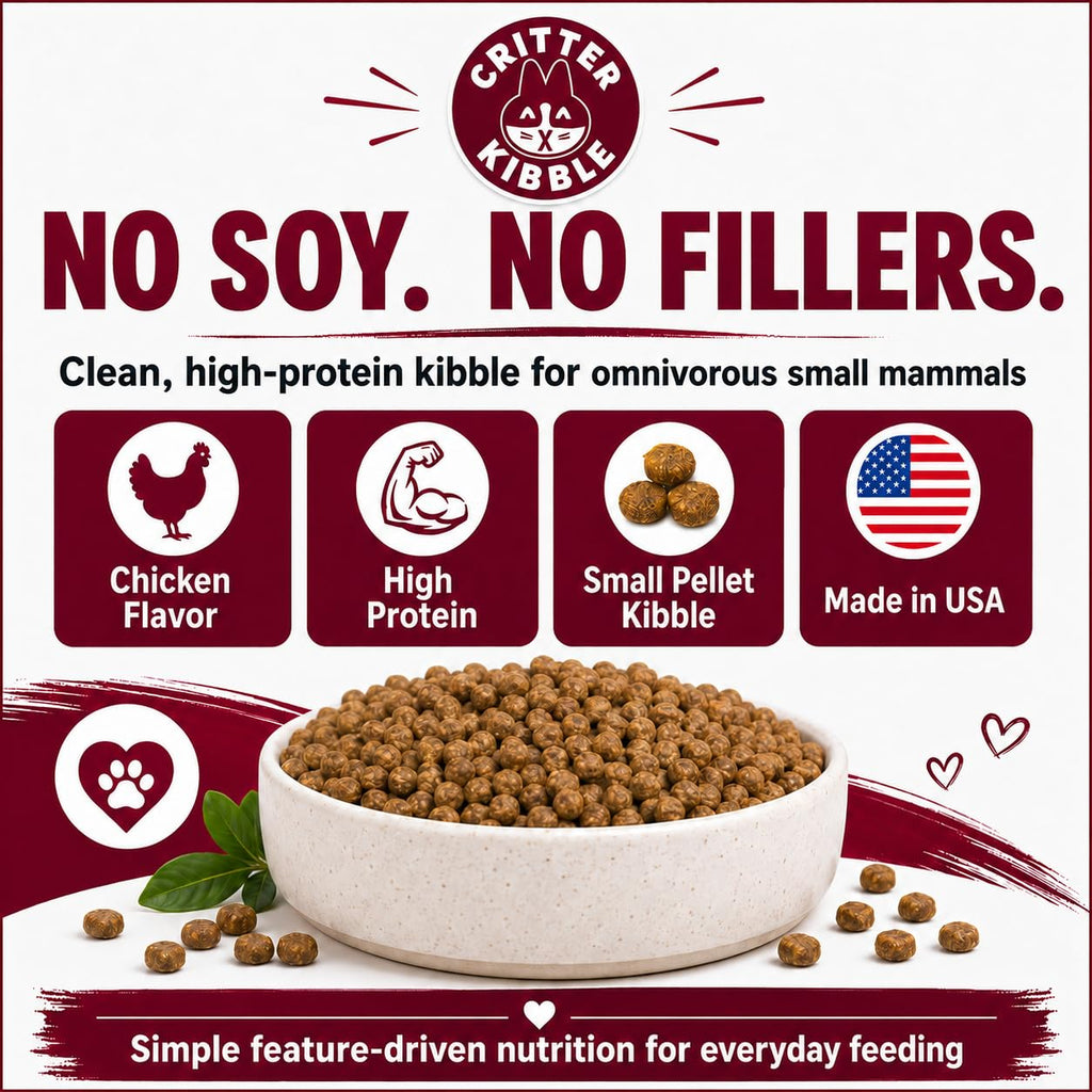 Bowl of SunCoast Critter Kibble pellets with icons for chicken flavor, high protein, small pellets and Made in USA