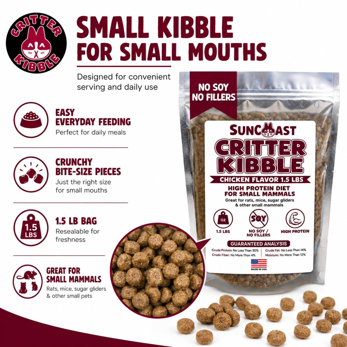 Close-up of SunCoast Critter Kibble's small, crunchy pellets beside the resealable bag