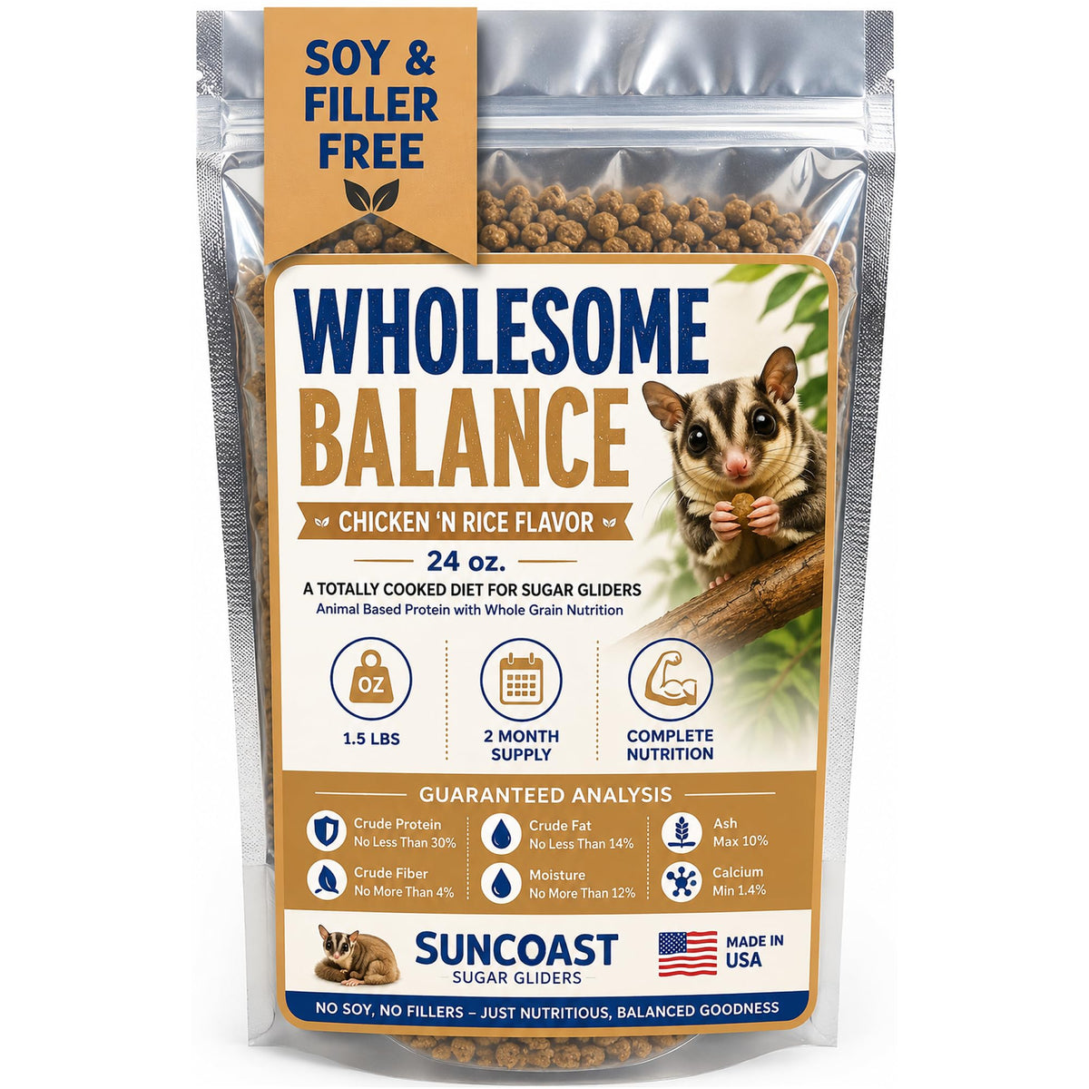 Front of a 1.5 lb (24 oz) bag of SunCoast Wholesome Balance Chicken 'N Rice Flavor sugar glider food, with the guaranteed analysis on the label