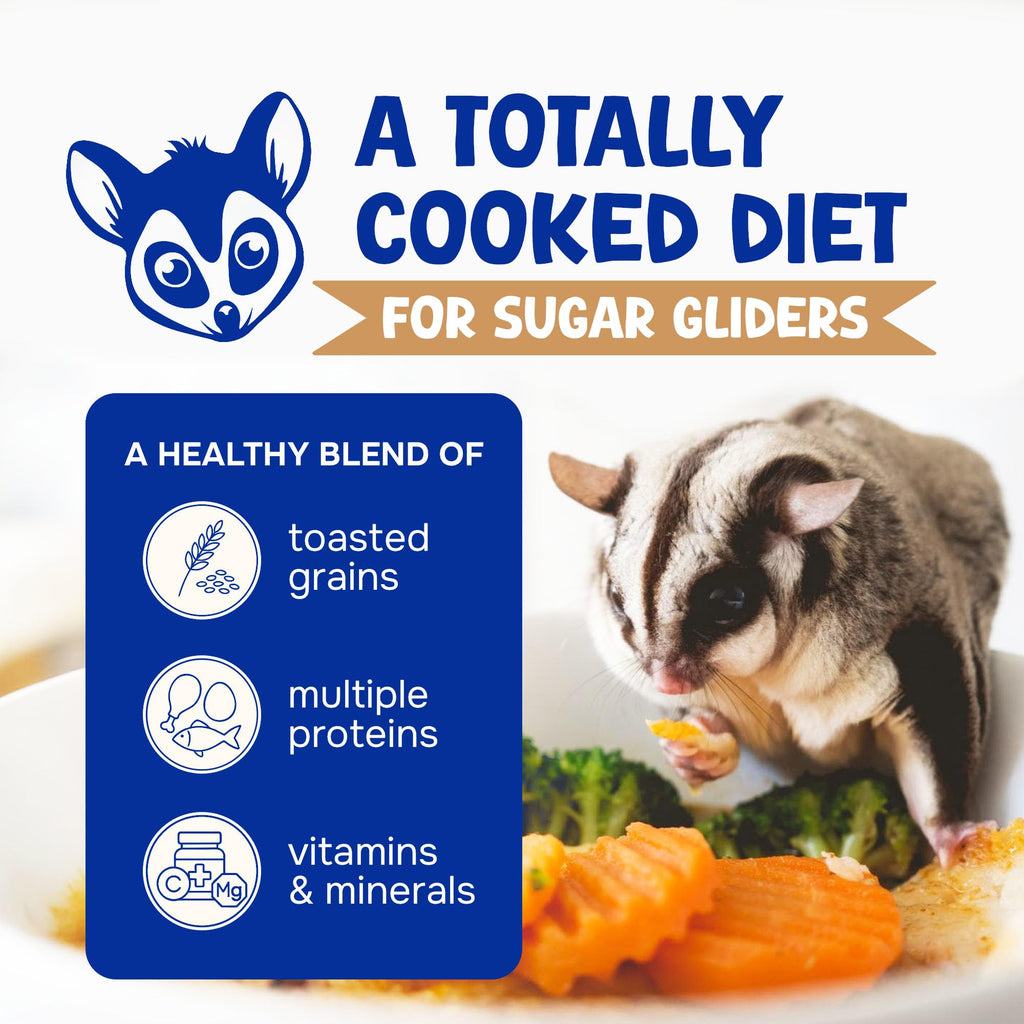 Sugar glider eating beside fresh vegetables, with notes on Wholesome Balance's toasted grains, multiple proteins, vitamins and minerals
