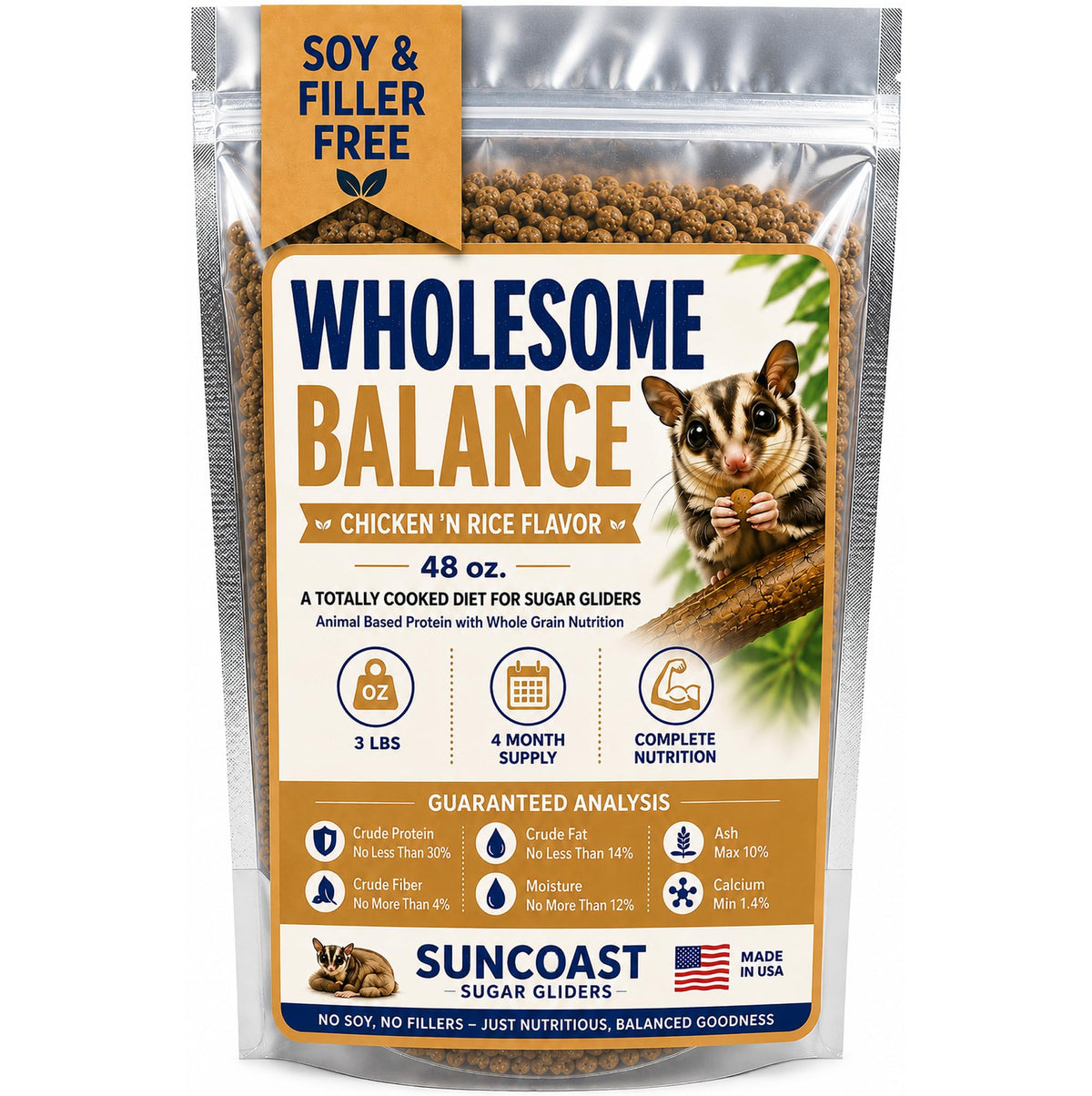 Front of a 3 lb (48 oz) bag of SunCoast Wholesome Balance Chicken 'N Rice Flavor sugar glider food, with the guaranteed analysis on the label