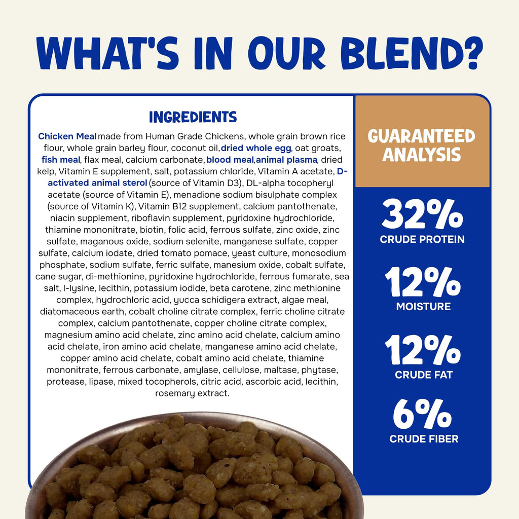 Wholesome Balance Chicken & Brown Rice ingredient list and guaranteed analysis beside a bowl of pellets